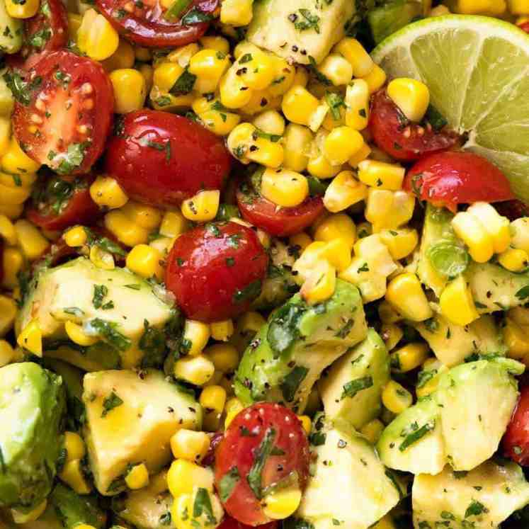 Close up of Corn Salad with Avocado with a Lime dressing