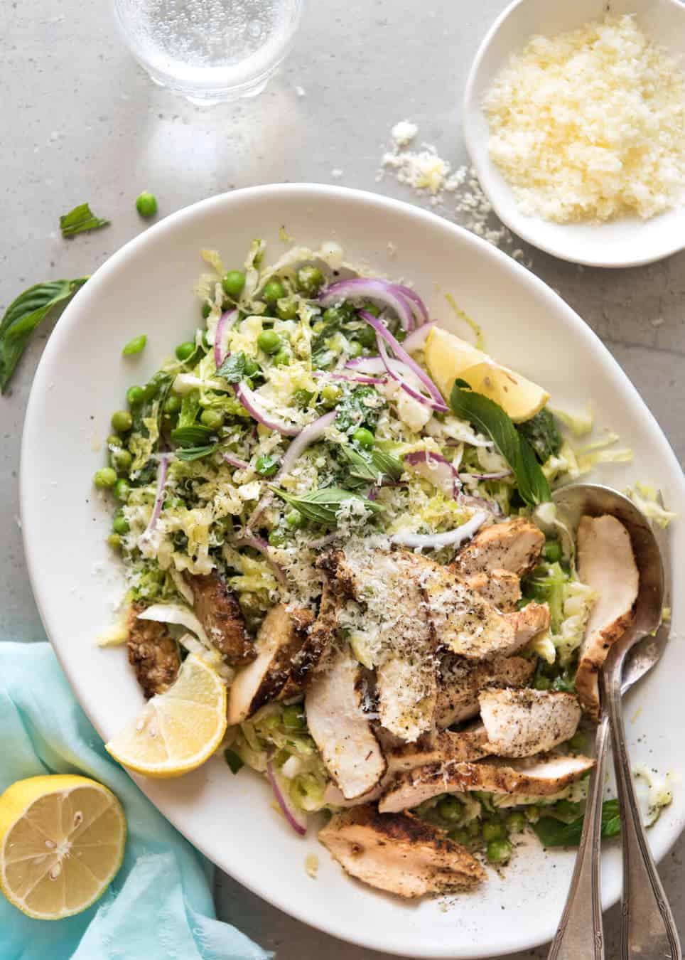 Lemon Parmesan Cabbage Salad with Grilled Chicken - A fabulous utterly addictive salad that you just can't stop eating! recipetineats.com