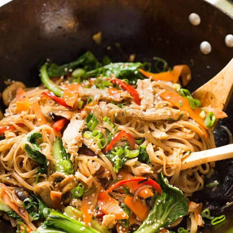 Great fridge forage meal - any dried noodles, any veggies, optional protein. This Chicken Stir Fry with Rice Noodles is healthy and super quick to make! www.recipetineats.com