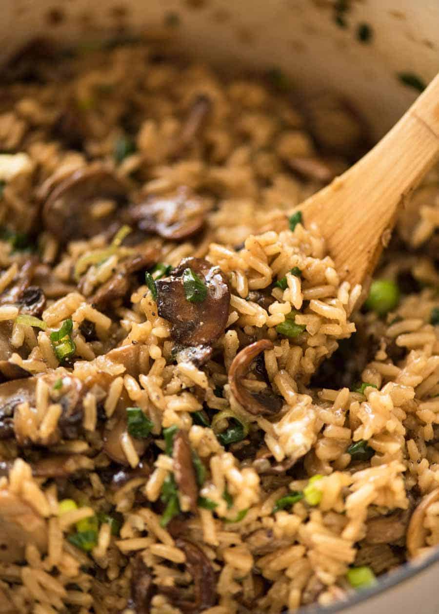 Close up of Mushroom Rice recipe in a pot, fresh off the stove