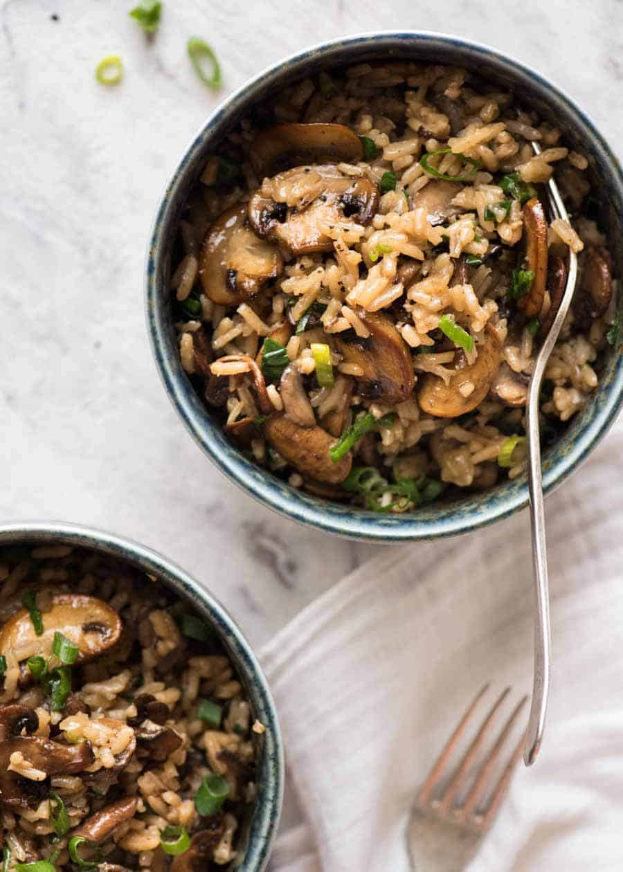 Overhead photo of 2 bowls of Mushroom Rice recipe