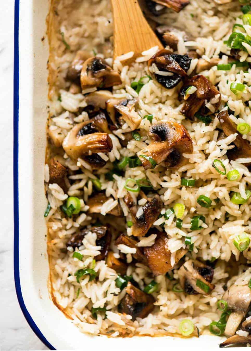 Baked Mushroom Rice - buttery, garlicky, golden brown juicy mushrooms and fluffy rice, all baked in one pan! recipetineats.com