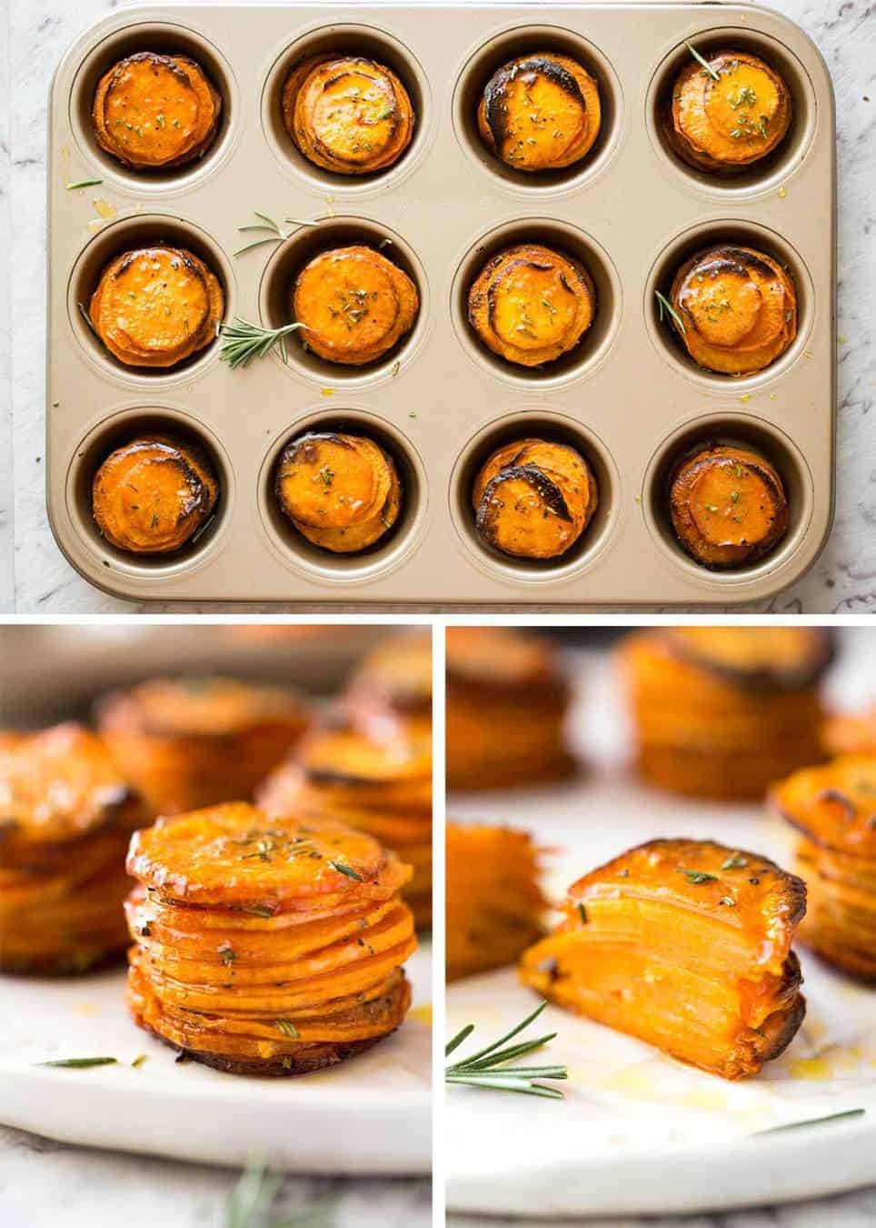 These Roasted Sweet Potato Stacks have crispy edges, are buttery, salty and sweet with a hint of rosemary. Terrific Sweet Potato side dish! recipetineats.com