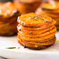 These Roasted Sweet Potato Stacks have crispy edges, are buttery, salty and sweet with a hint of rosemary. Terrific Sweet Potato side dish! recipetineats.com
