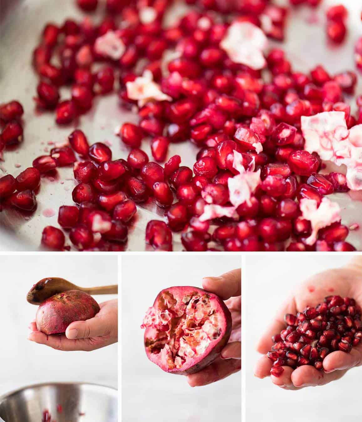 How to remove pomegranate seeds - spank it with a wooden spoon! www.recipetineats.com