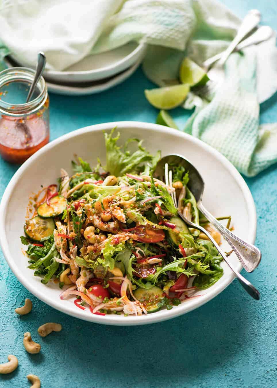 Thai Chicken Salad with a bright zesty Chilli Lime Dressing, classic balance of Thai tangy-sweet-salty flavours. recipetineats.com