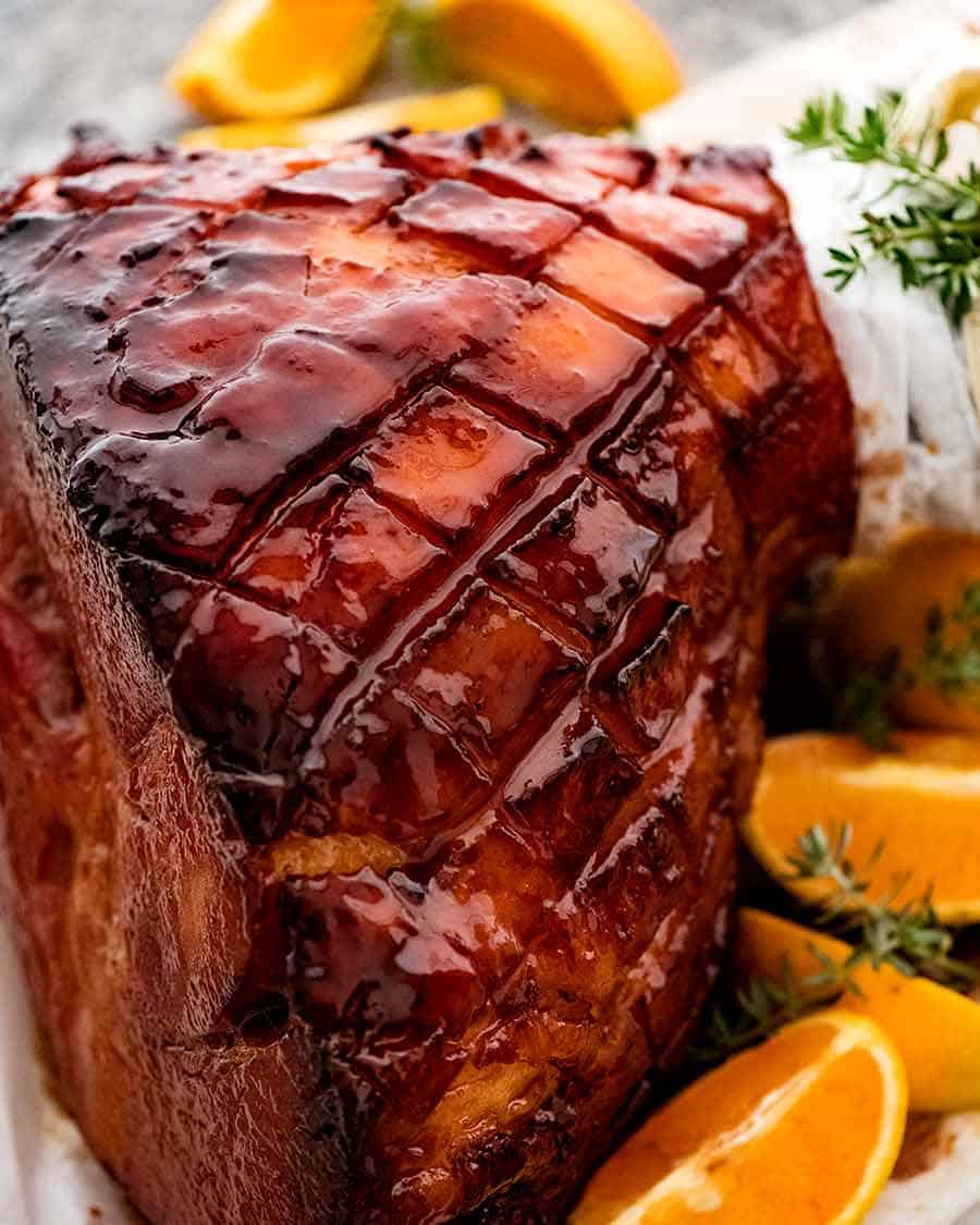 Close up of Maple Glazed Ham ready to be served