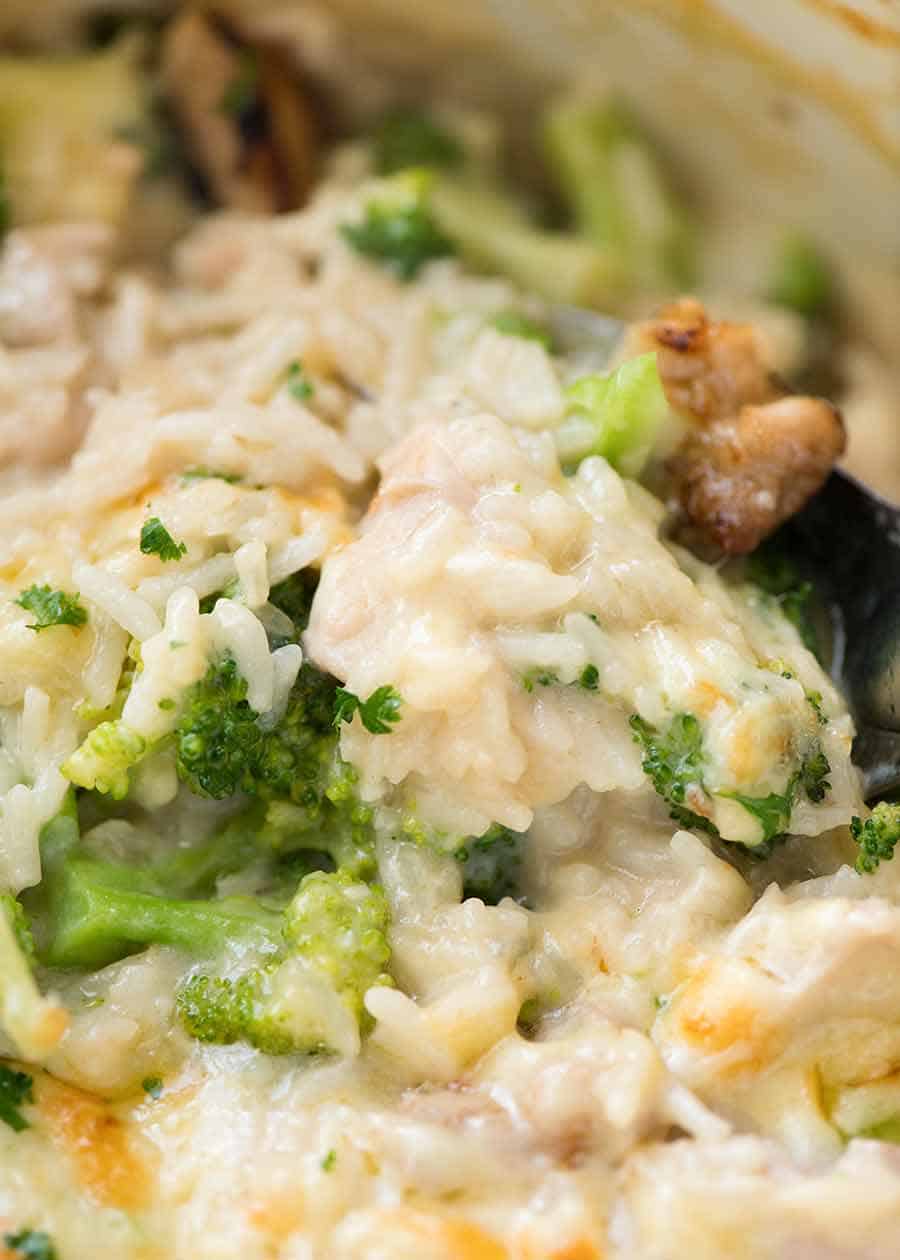 Close up of Chicken Broccoli Rice Casserole in a pot, fresh off the stove
