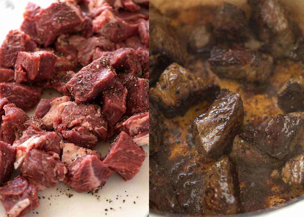 Cubes of beef chuck for Beef Stew - raw pieces sprinkled with salt and pepper on the left, and browning in a casserole pot on the right.