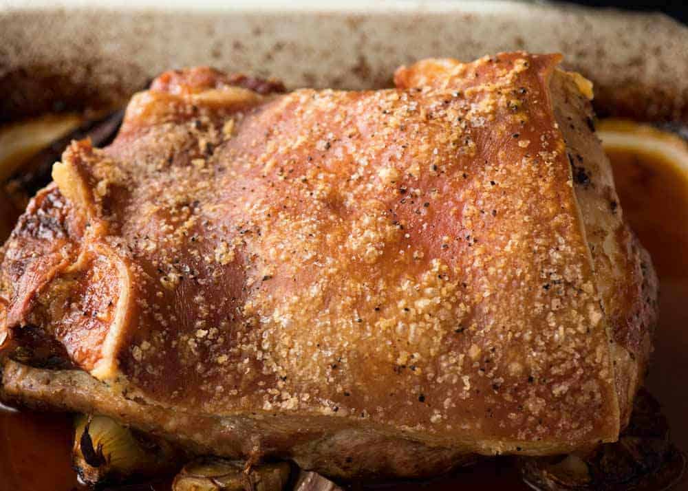 Slow Roasted Pork Shoulder before crisping up crackling with high heat.