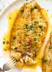 Overhead photo of a crispy pan fried fish fillet drizzled with Lemon Butter Sauce and sprinkled with parsley. On a white plate.