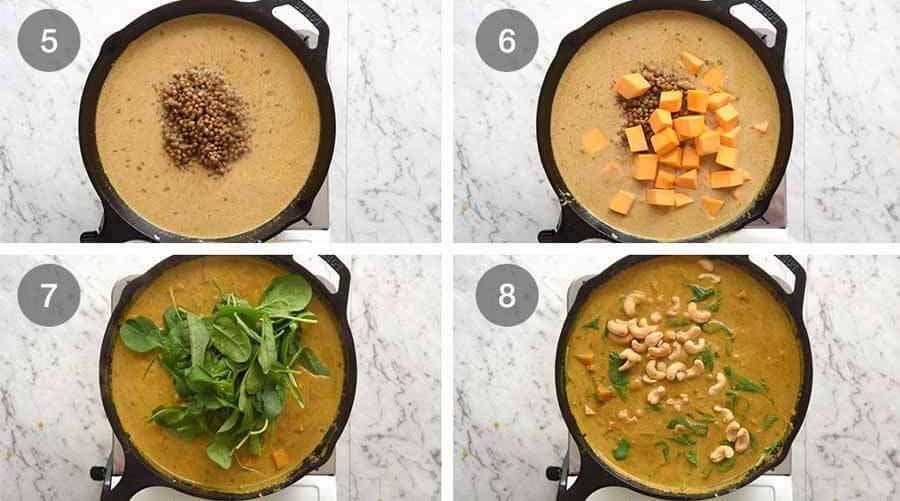 Preparation steps for Coconut Curry with Lentils & Pumpkin