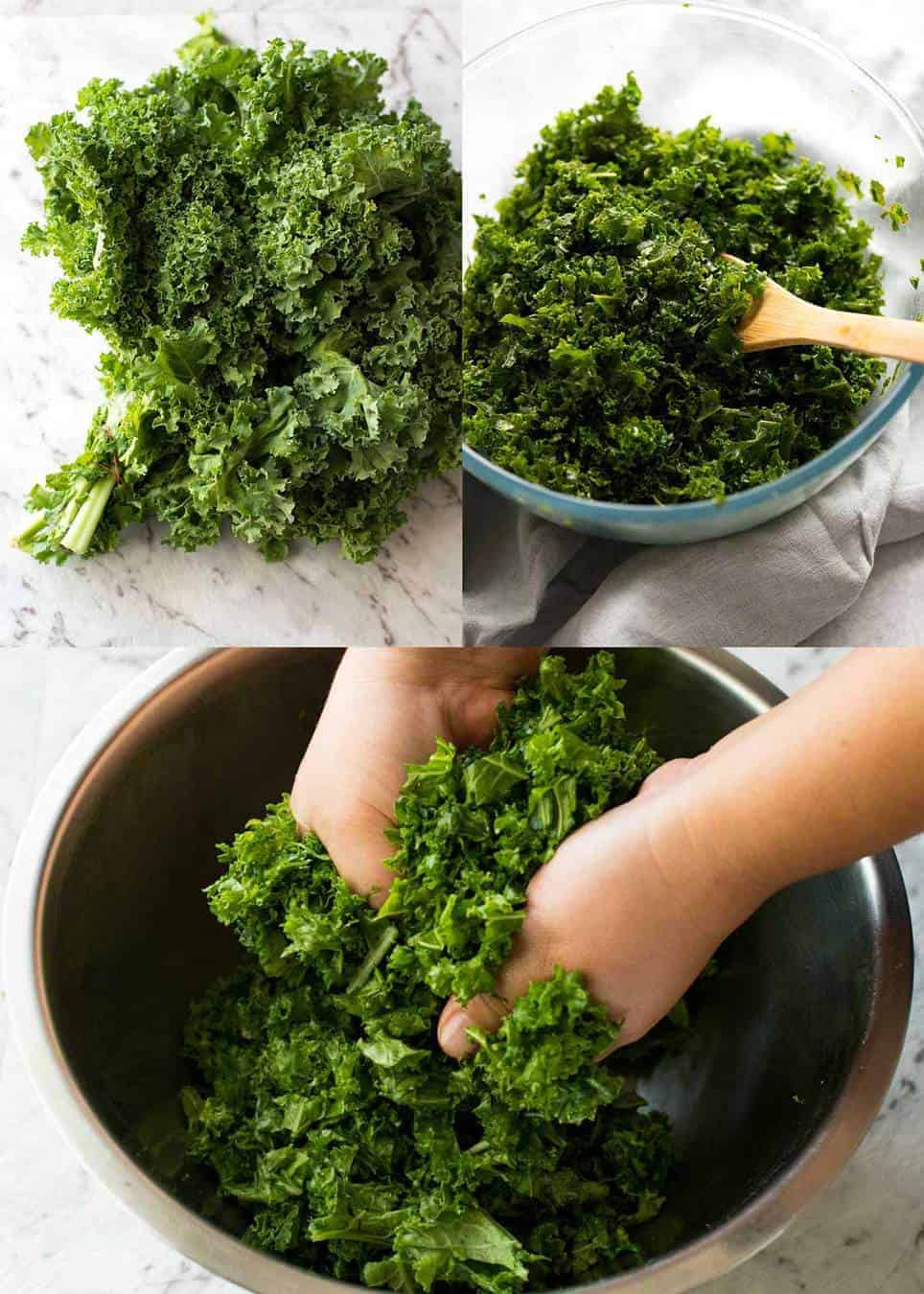 Hands in a silver bowl scrunching up kale leaves drizzled with olive oil, salt and pepper.