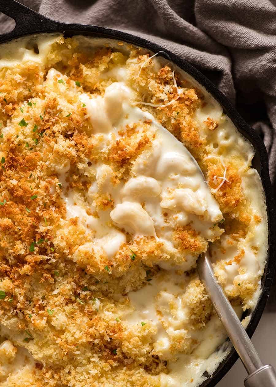 Baked Mac and Cheese in a black skillet fresh out of the oven