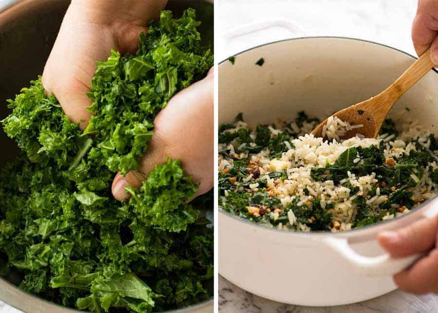 Preparing kale for Garlic Butter Rice with Kale recipe