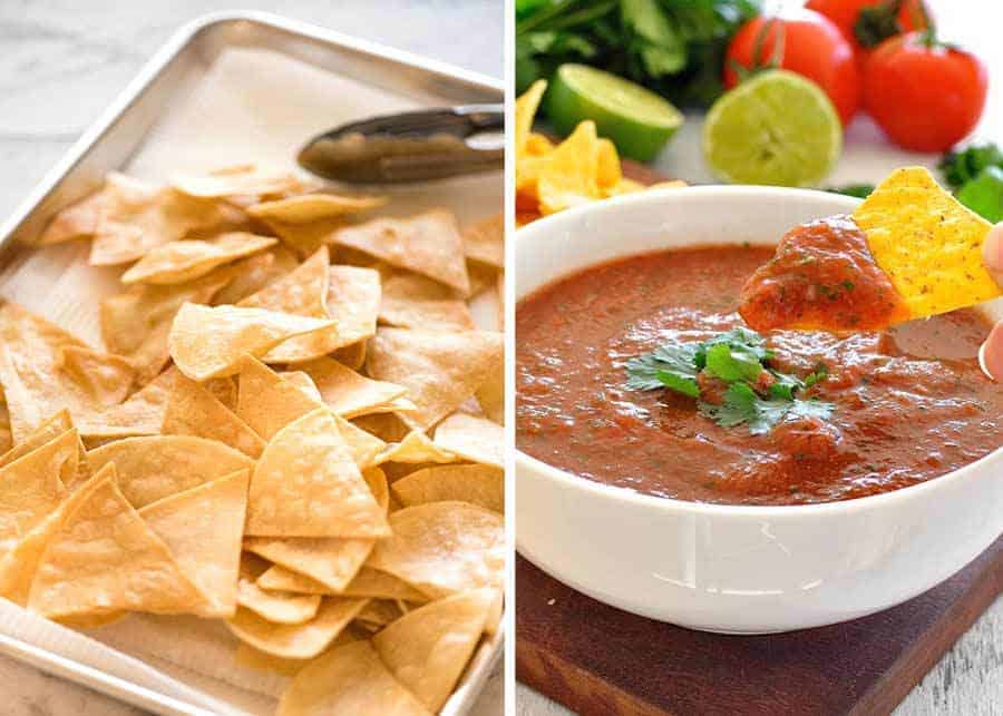 Photo of homemade tortilla chips on a silver tray next to a dish of Restaurant Style Salsa.