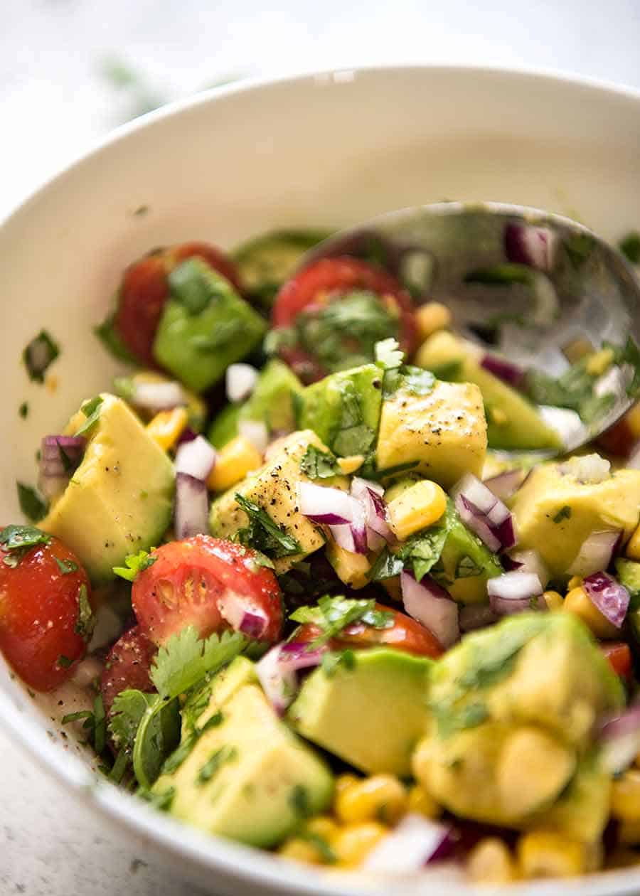 Salsa for Mexican Avocado Chicken Salad in a white bowl