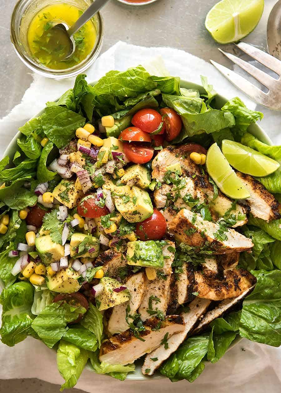 Overhead photo of Mexican Avocado Chicken Salad in a bowl, ready to be served 