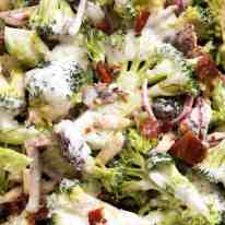 Close up of Broccoli Salad with Lighter Creamy Dressing with bacon, almonds, cranberries and red onion