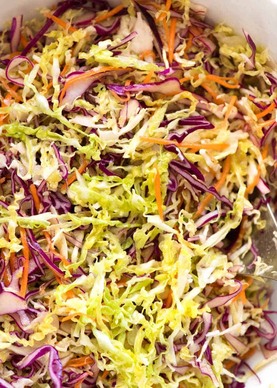 Close up of Everyday Cabbage Salad with a vinaigrette