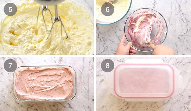 Preparation steps for No Churn Strawberry Ice Cream