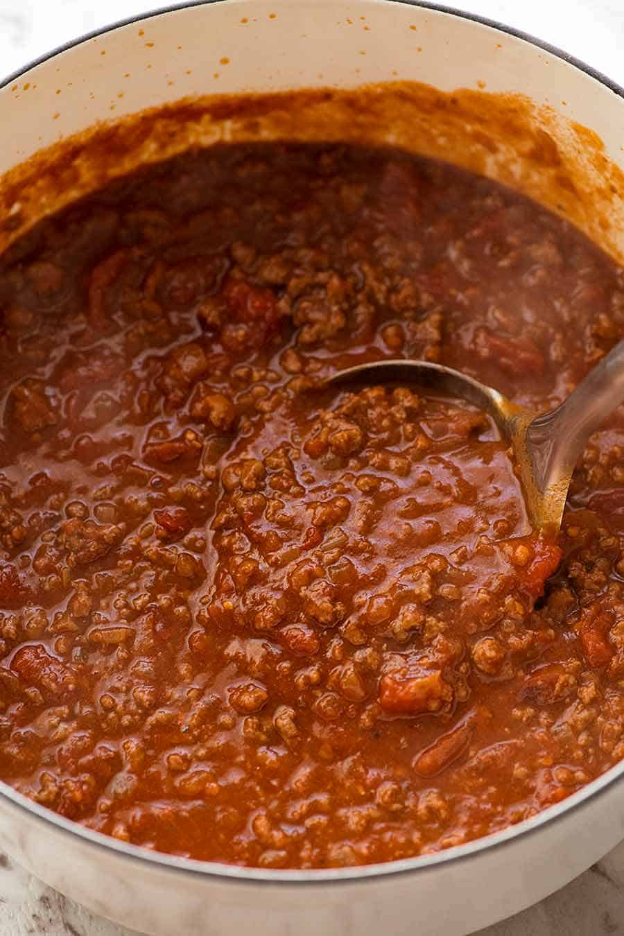 Close up of Bolognese Sauce in a pot, fresh off the stove