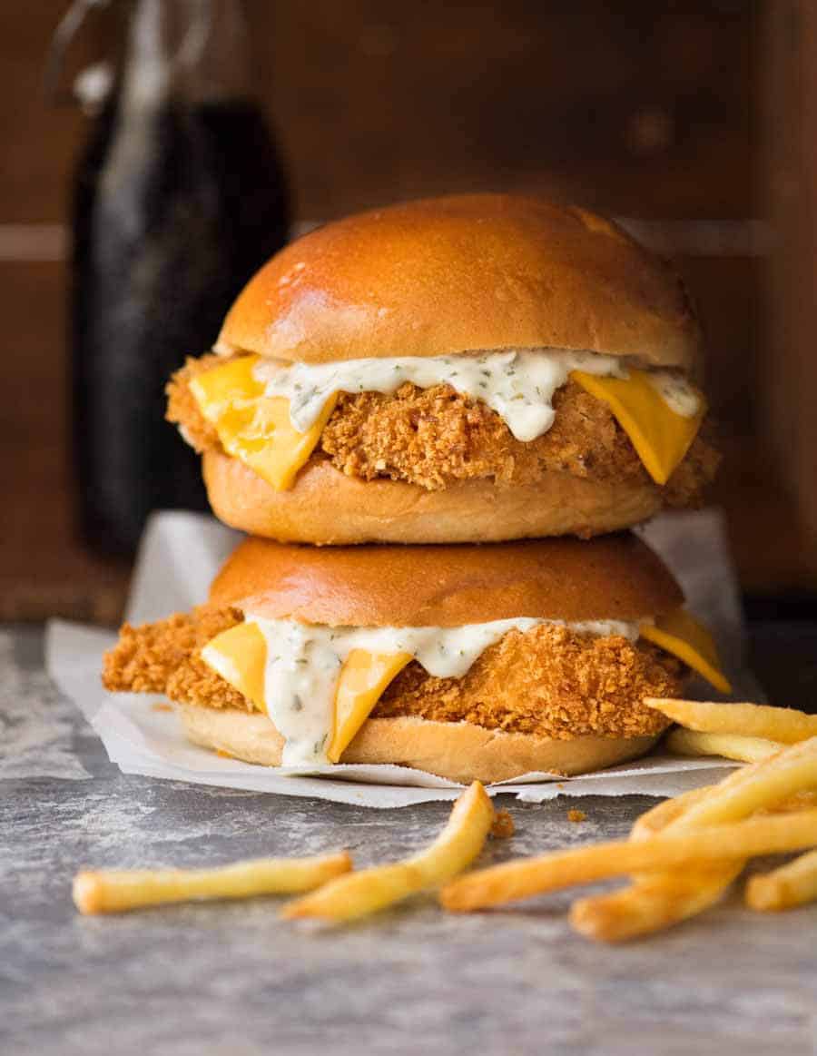 Two Homemade Filet-O-Fish (BAKED!) stacked on top of each other with a side of fries