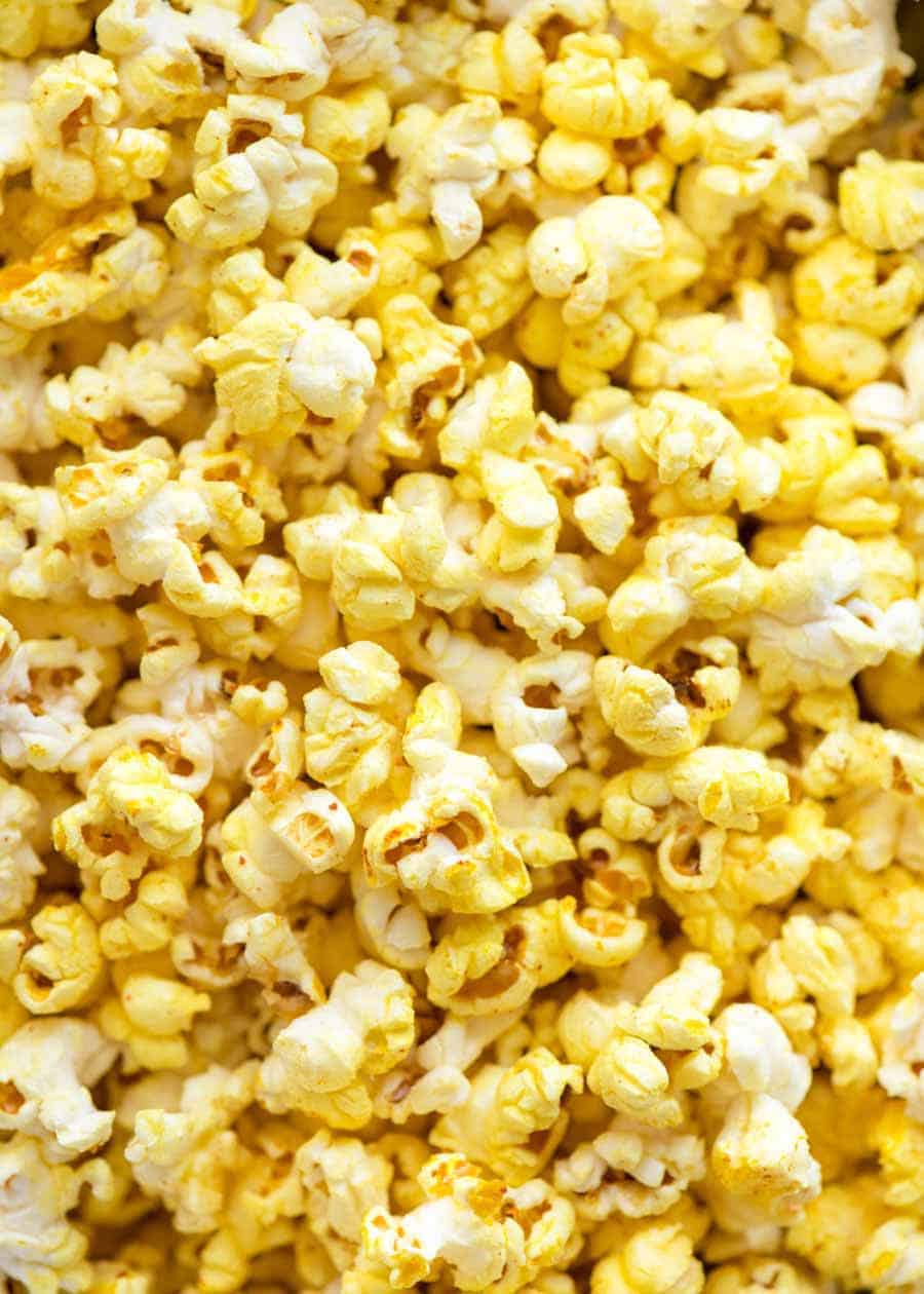Close up of yellow, buttery, Homemade Movie Popcorn