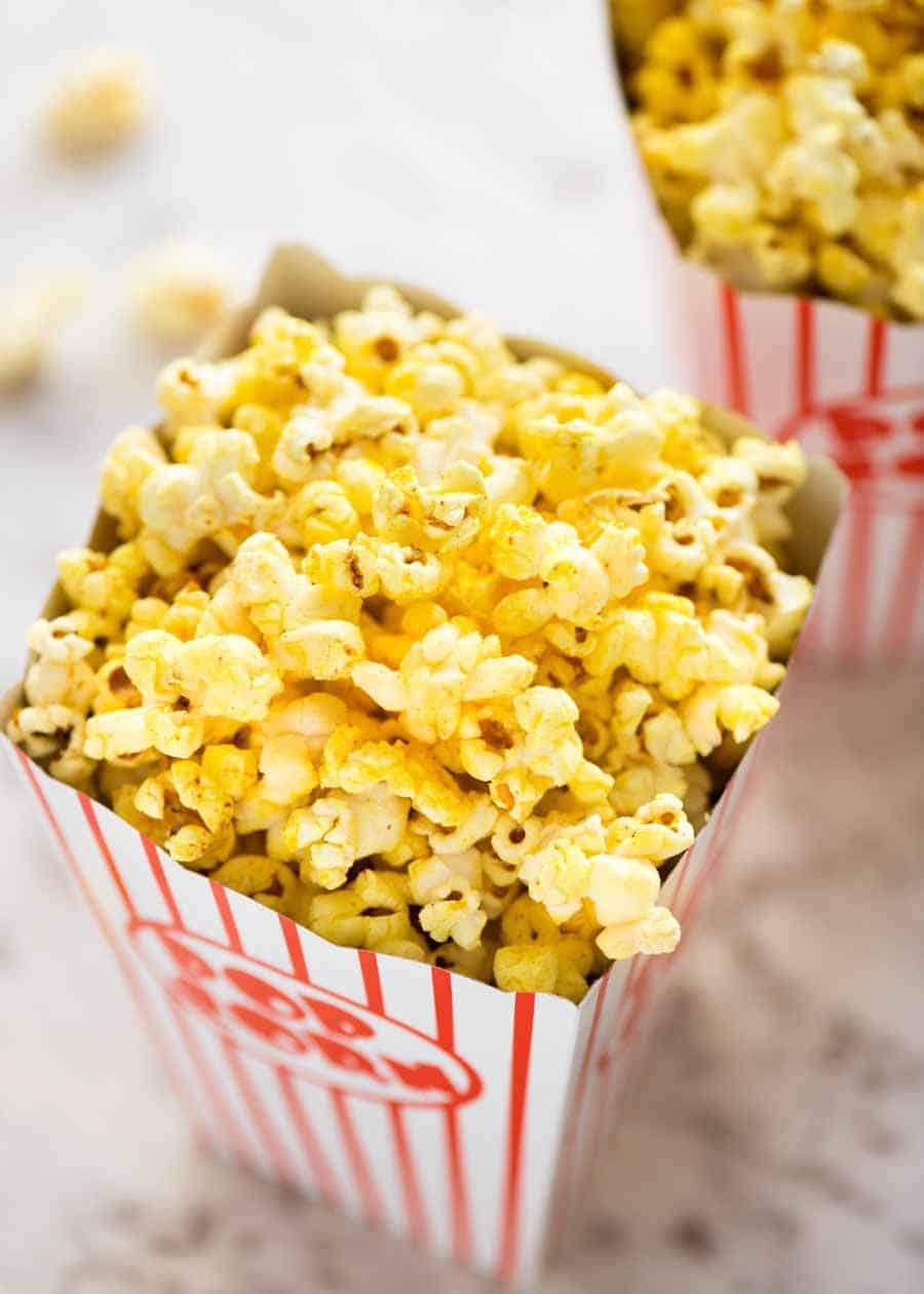 Yellow Homemade Movie Popcorn in a popcorn bucket