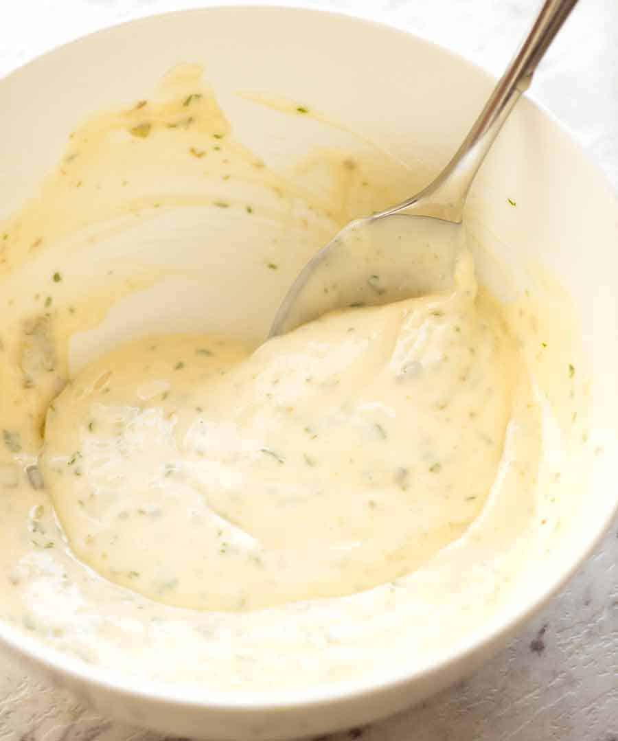 Tartare sauce for homemade Filet-O-Fish in a white bowl