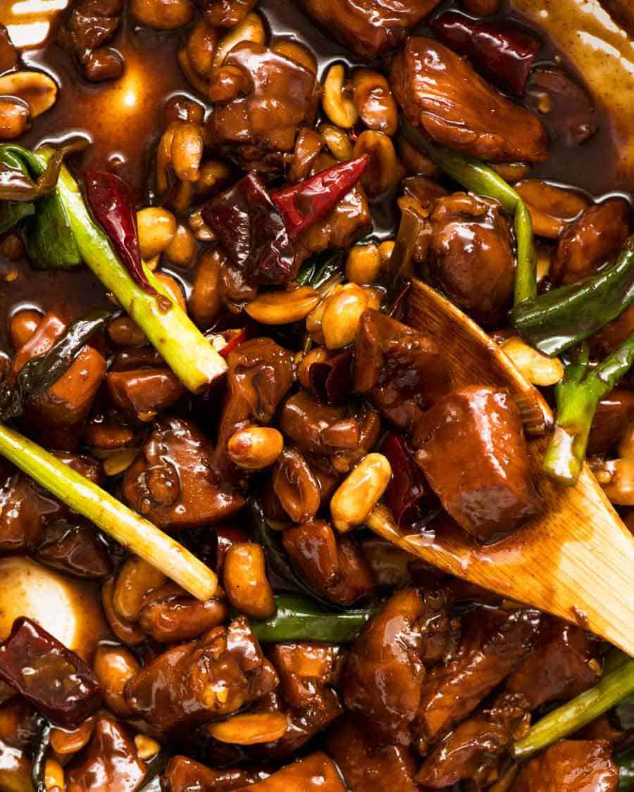 Close up of Kung Pao Chicken with Kung Pao Sauce, fresh off the stove