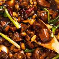 Close up of Kung Pao Chicken with Kung Pao Sauce, fresh off the stove
