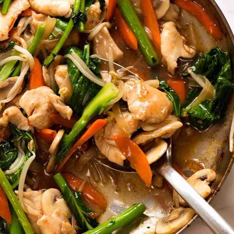 Chop Suey - Chicken Stir Fry in a skillet, fresh off the stove ready to be served