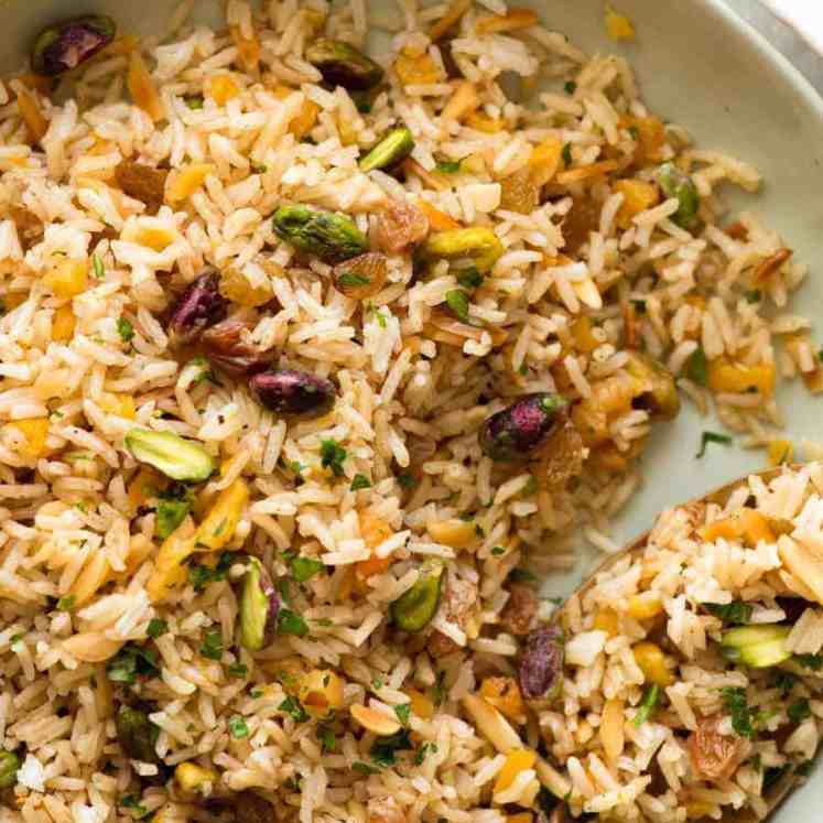 Close up of Rice Pilaf in a green bowl, ready to be served