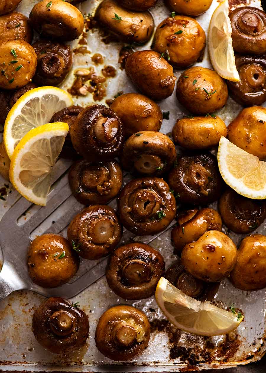 Overhead photo of roasted mushrooms with garlic butter