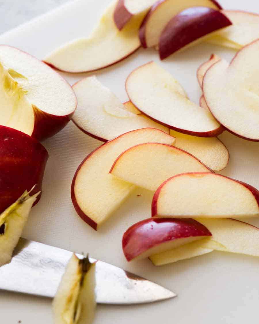 Close up of thinly sliced red apple
