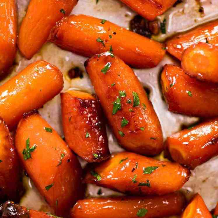 Close up overhead of Brown Sugar Glazed Carrots, fresh out of the oven