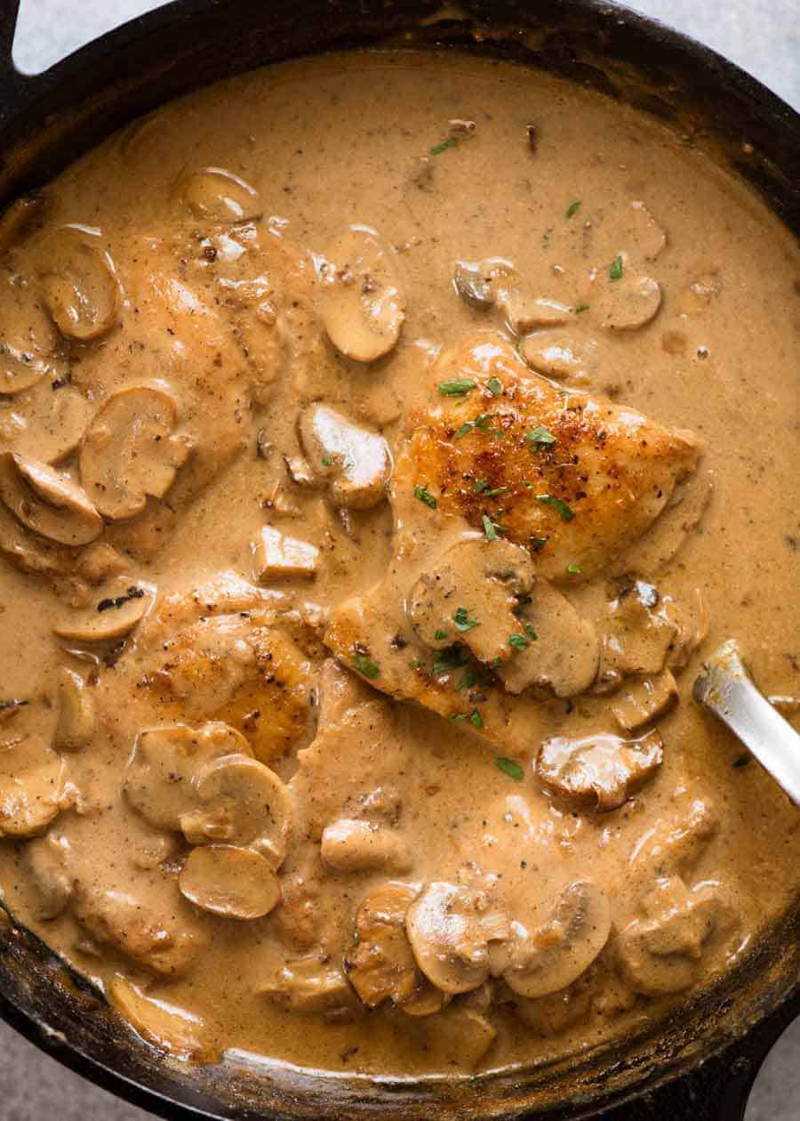 Overhead photo of Chicken Stroganoff in a skillet, ready to be served