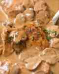 Close up of Chicken Stroganoff - golden seared chicken smothered in a creamy mushroom gravy