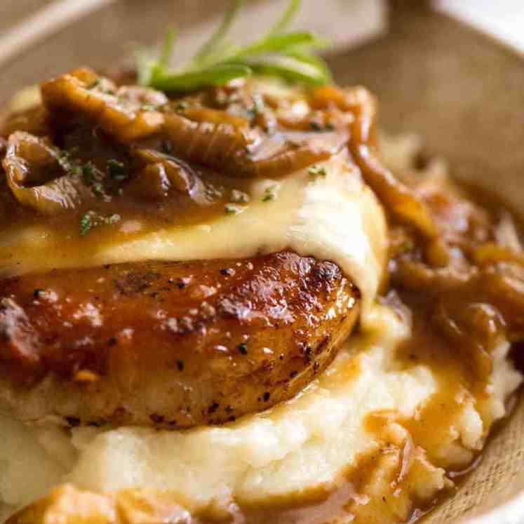 Close up of French Onion Smothered Pork Chops