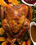 Juicy Roast Turkey fresh out of the oven with turkey gravy and cranberry