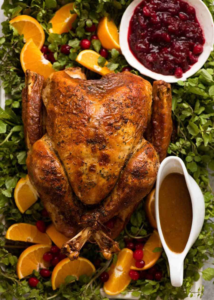Juicy Roast Turkey decorated on platter