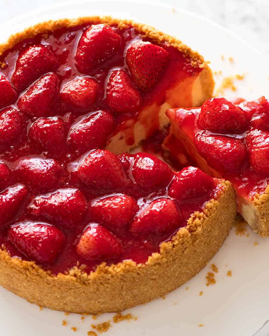 Photo of top of Strawberry Cheesecake with Strawberry Sauce Topping