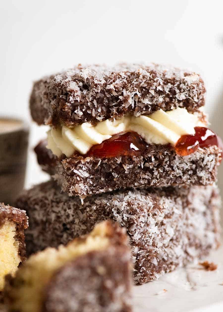 Lamingtons filled with jam and cream