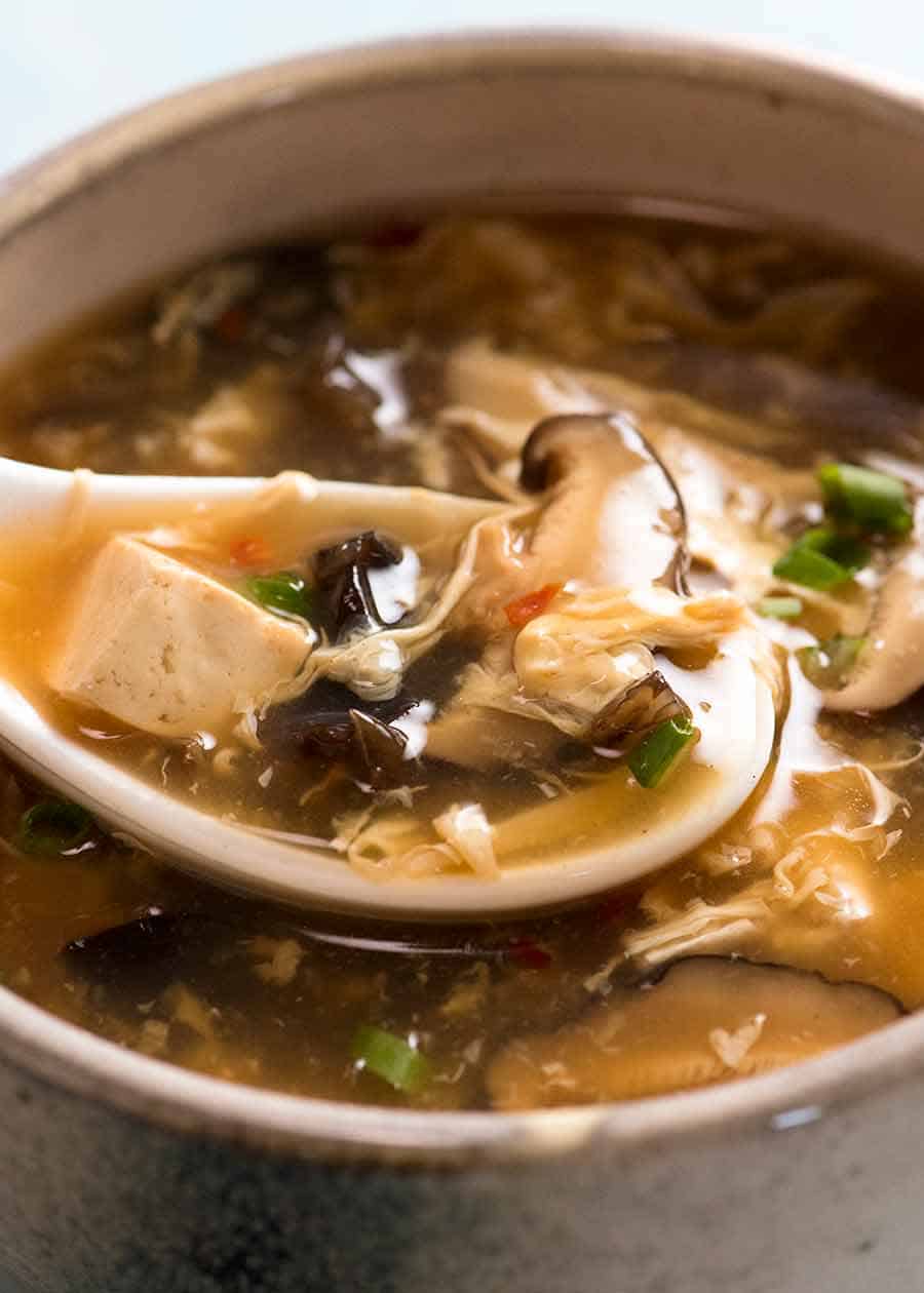 hot and sour soup with tofu in bowl