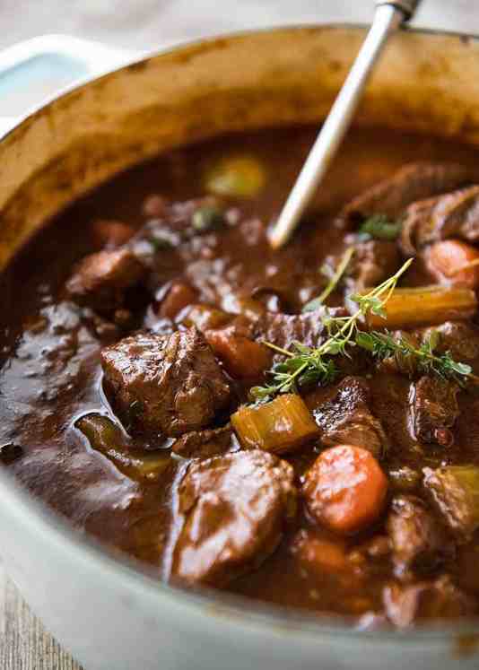 Close up of Irish Beef Guinness Stew in a pot, fresh off the stove