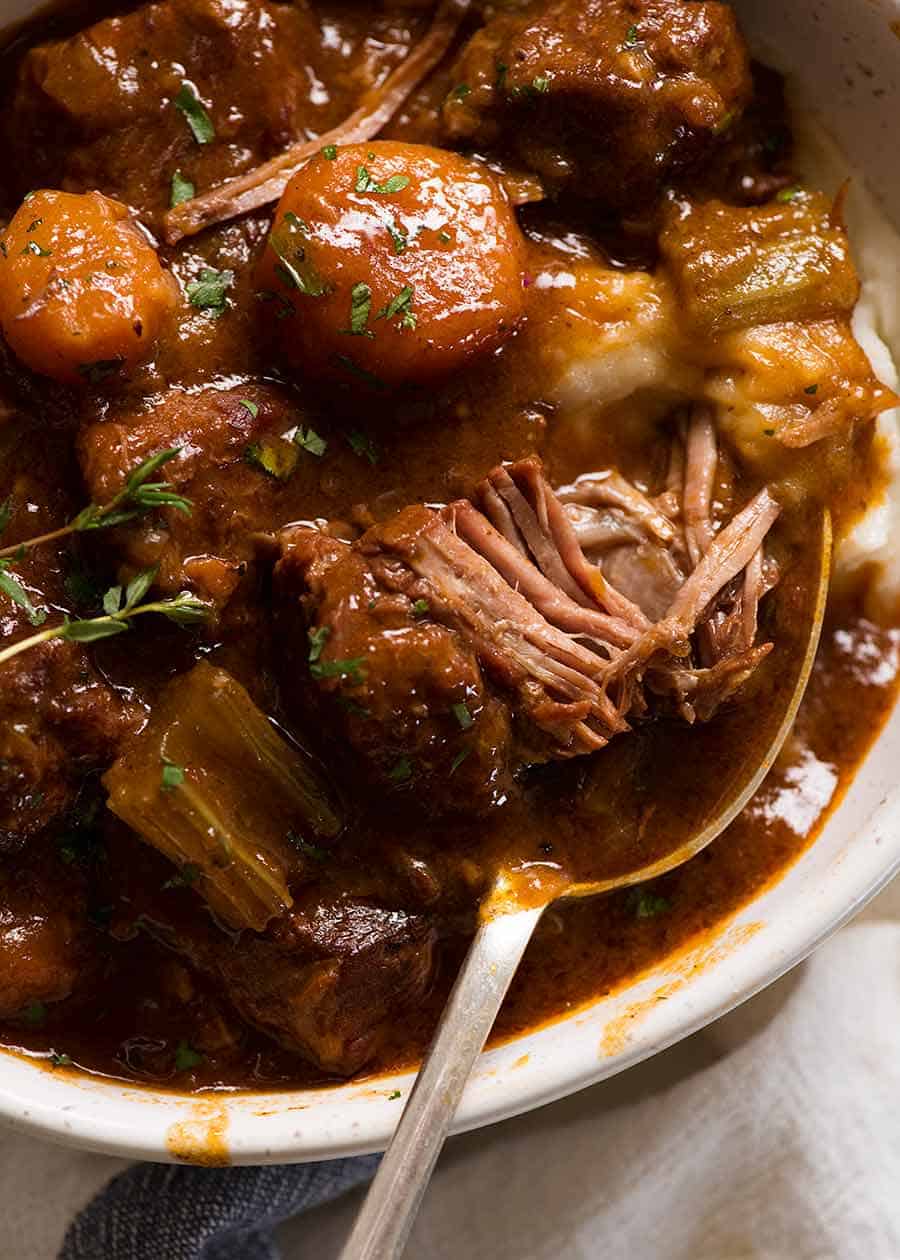 Close up of slow cooked beef in Irish Beef Guinness Stew
