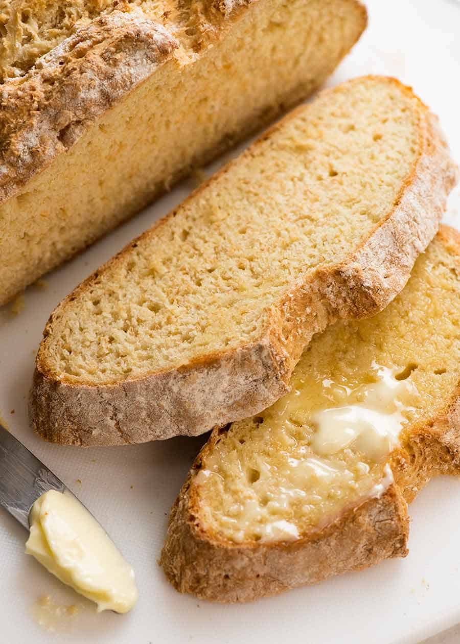 Close up of slice of Irish Soda Bread (no yeast bread)