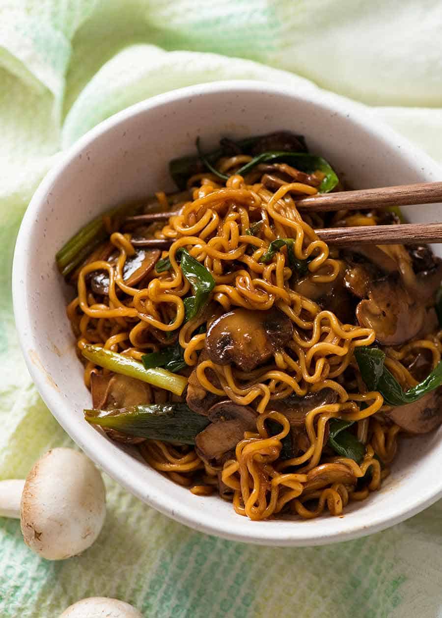 Asian Mushroom Ramen Noodles in a white bowl, ready to be eaten