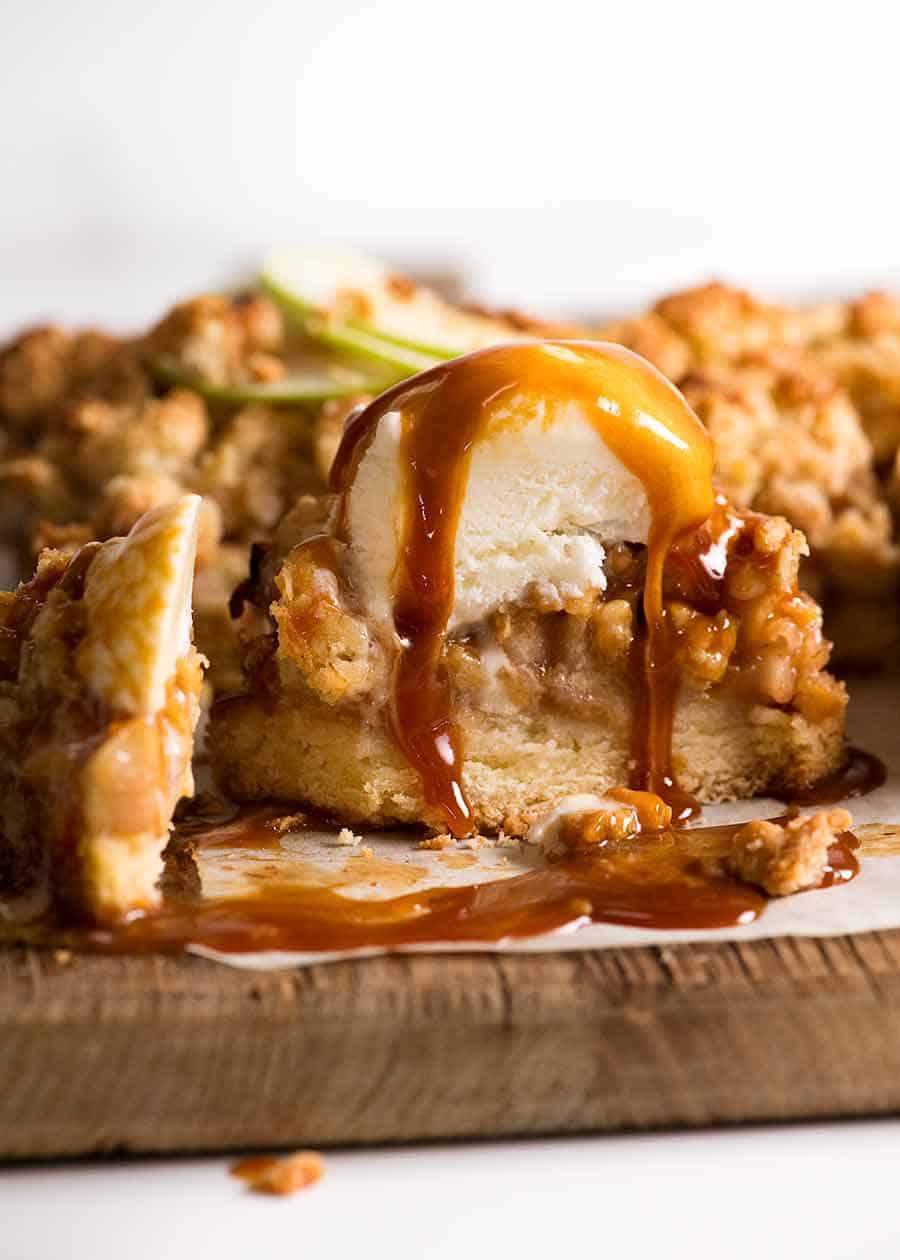 Apple Crumble Bar with ice cream and salted caramel sauce